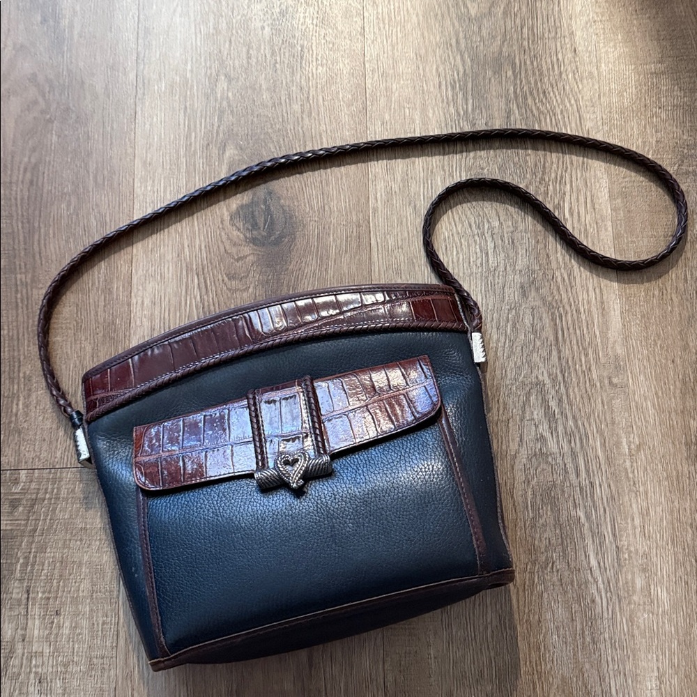 BRIGHTON Vintage Brown Black Croc Leather Purse Bag Braided Strap
